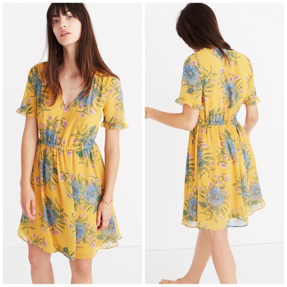 Madewell Women's Sweetgrass Ruffle-Sleeve V-Neck Dress in Painted Blooms Size 4‎